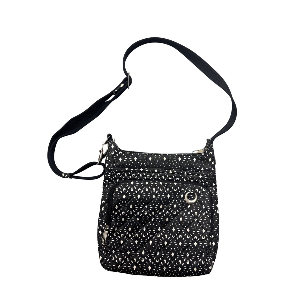 Travelon Crossbody Bag Small Anti-Theft Quilted Black White Geometric Pattern